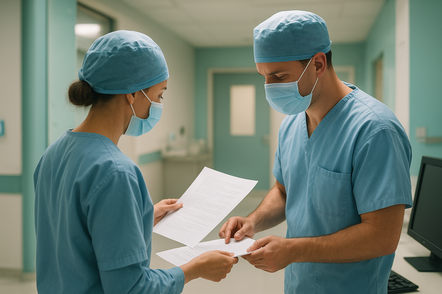 Equipo médico revisando expediente clínico en pasillo hospitalario